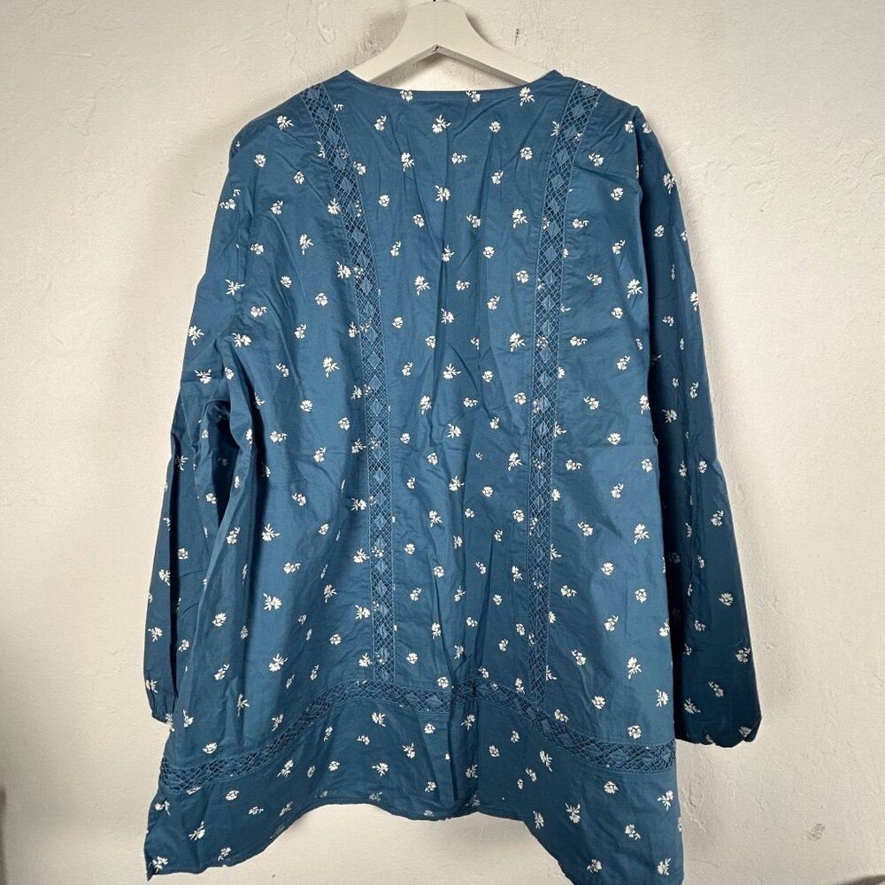 Lands End Womens 2X Blue Floral Cotton Tunic Top Lace Detail Long Sleeve NWOT - Picture 2 of 9